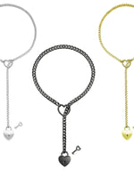 Adjustable Heart O-Ring Punk Rock Cuban Chain Necklace – Lariat Y-Style Necklace with Key & Heart Lock Pendant
