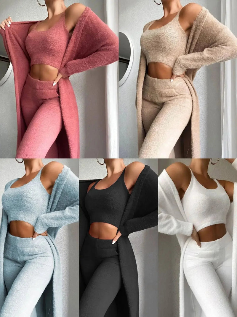 Model wearing the 3-Piece Fuzzy Fleece Loungewear Set at home