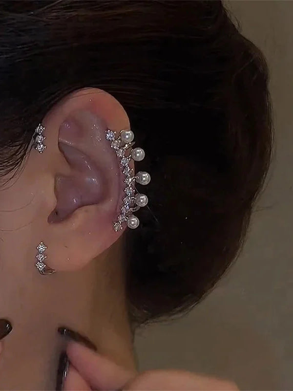 Silver Color Pearl Ear Cuff – Vintage Crystal Zircon Ear Clip, No Piercing Required, Fashion Jewelry for Women