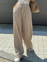Women'S Striped Print Drawstring Waist Wide-Leg Pants, Womenswear Casual Pocket Woven Trousers for Summer, Women'S Bottoms for Daily Wear
