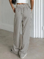 Women'S Striped Print Drawstring Waist Wide-Leg Pants, Womenswear Casual Pocket Woven Trousers for Summer, Women'S Bottoms for Daily Wear