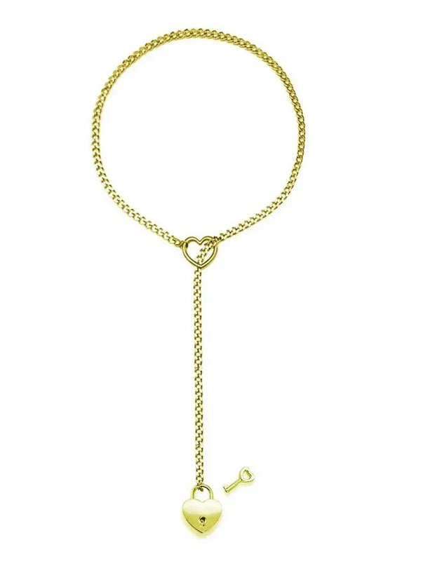 Adjustable Heart O-Ring Punk Rock Cuban Chain Necklace – Lariat Y-Style Necklace with Key & Heart Lock Pendant