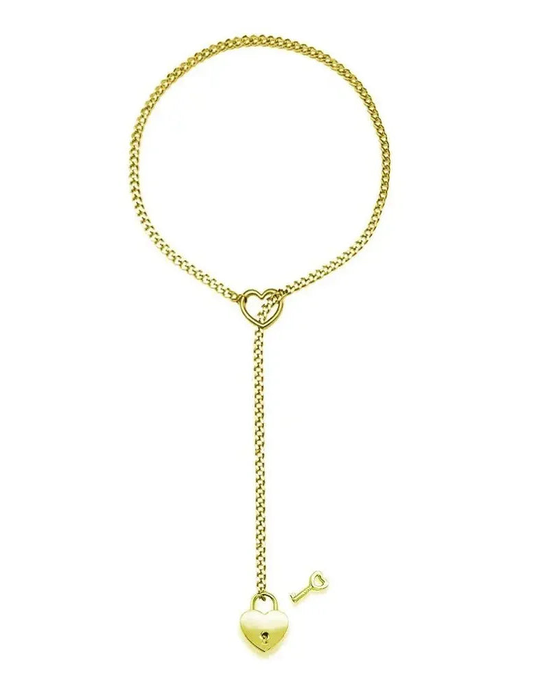 Adjustable Heart O-Ring Punk Rock Cuban Chain Necklace – Lariat Y-Style Necklace with Key & Heart Lock Pendant