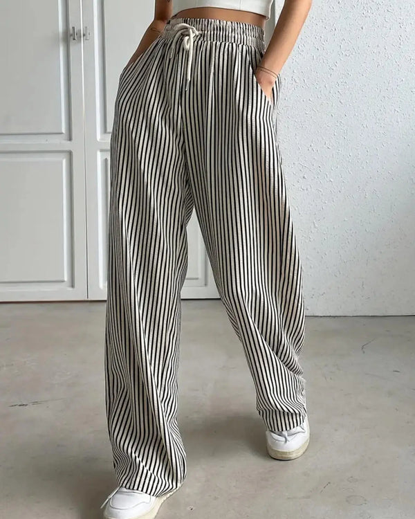 Women'S Striped Print Drawstring Waist Wide-Leg Pants, Womenswear Casual Pocket Woven Trousers for Summer, Women'S Bottoms for Daily Wear