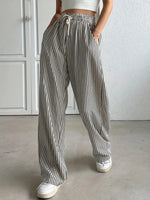 Women'S Striped Print Drawstring Waist Wide-Leg Pants, Womenswear Casual Pocket Woven Trousers for Summer, Women'S Bottoms for Daily Wear