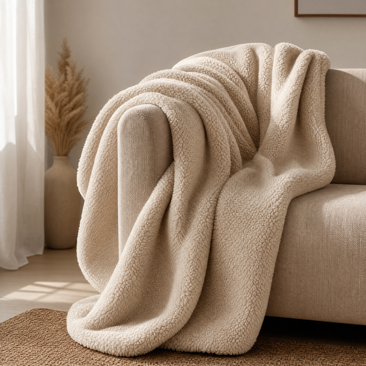 Sherpa Oversized Throw Blanket in oatmeal beige draped on a sofa